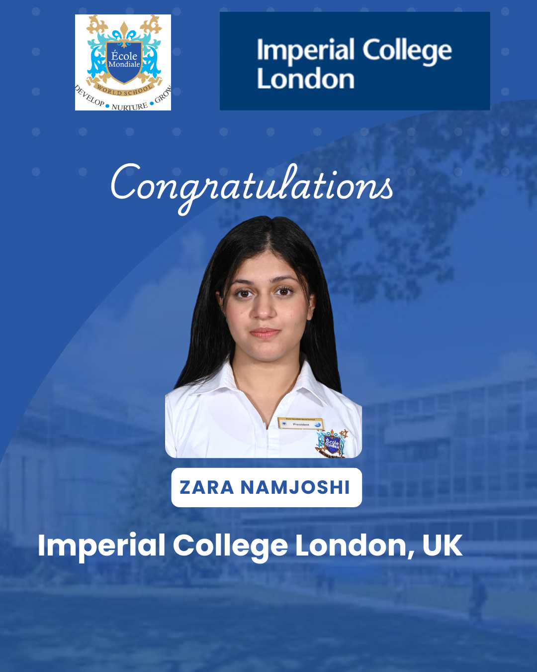 University Acceptances 2026 - Zara Namjoshi -  Imperial College London