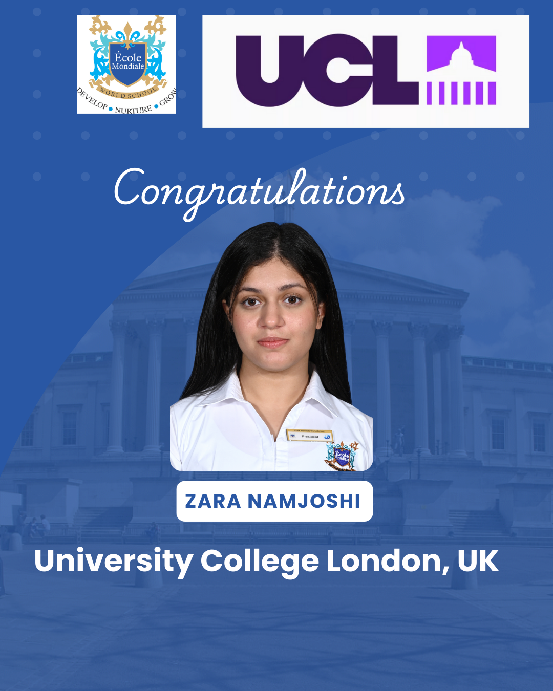 University Acceptances 2026 - Zara Namjoshi - University College London