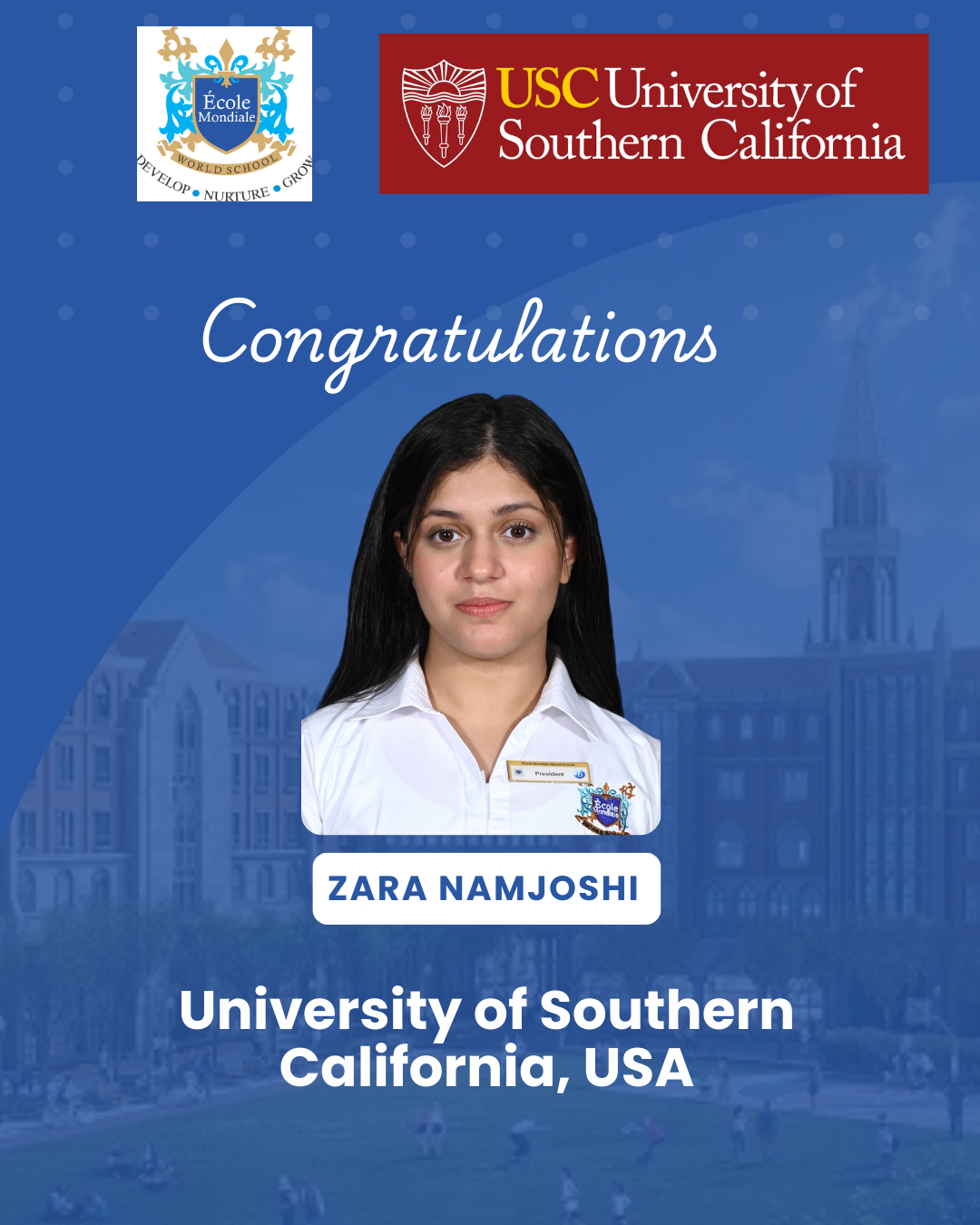 University Acceptances 2026 - Zara Namjoshi -  University of Southern California