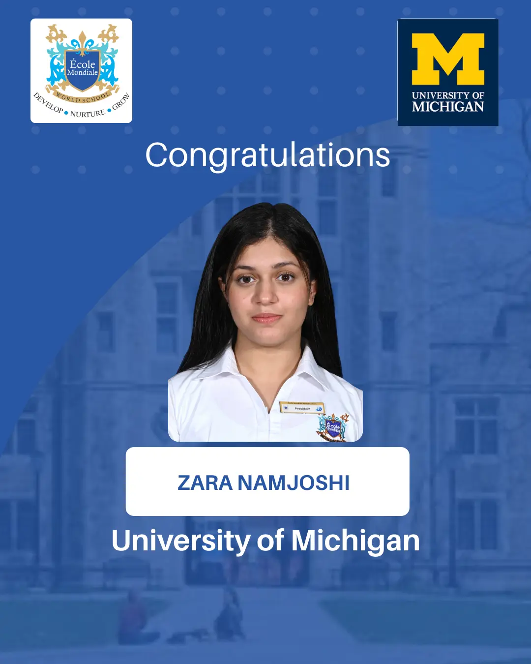 University Acceptances 2026 - Zara Namjoshi - University of Michigan