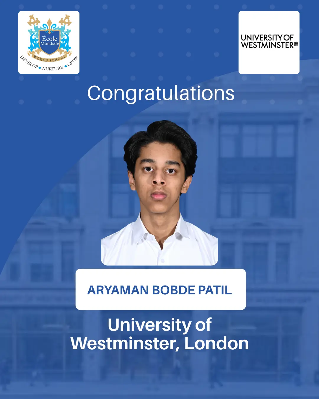 University Acceptances 2026 - Aryaman Bobde Patil - University of Westminster, London