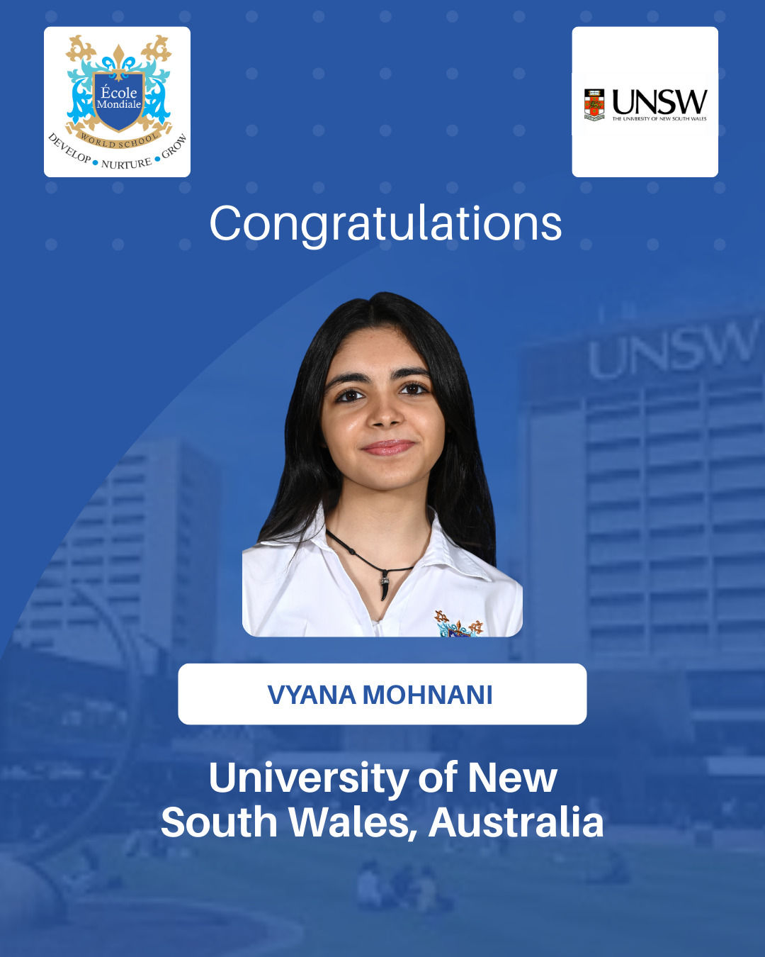 University Acceptances 2026 - Vyana Mohnani - University of New South Wales, Australia