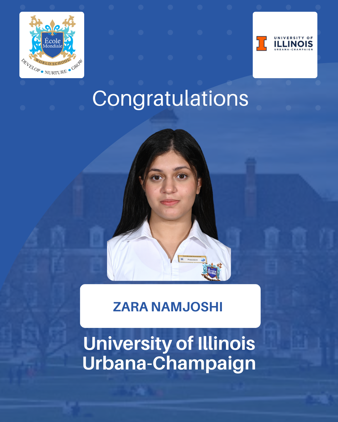 University Acceptances 2026 - Zara Namjoshi - University of Illinois Urbana-Champaign