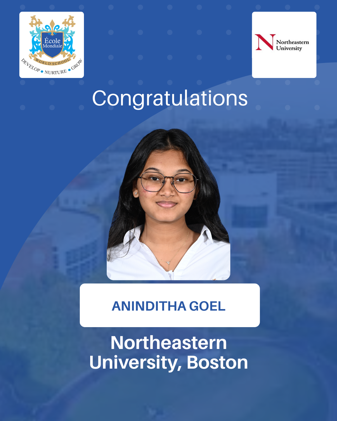 University Acceptances 2026 - Aninditha Goel - Northeastern University, Boston